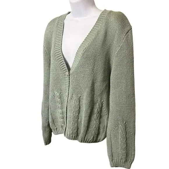 Vtg Ramie Cotton Blend Heavy Cable Knit Cardigan Sz M Preppy Classic Cottage 90s - Picture 2 of 6